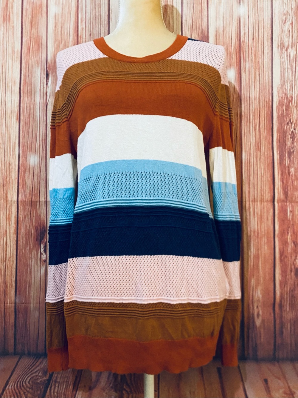 Women’s Large Sweater Market Spruce Multicolored Striped Lightweight Open Knit
